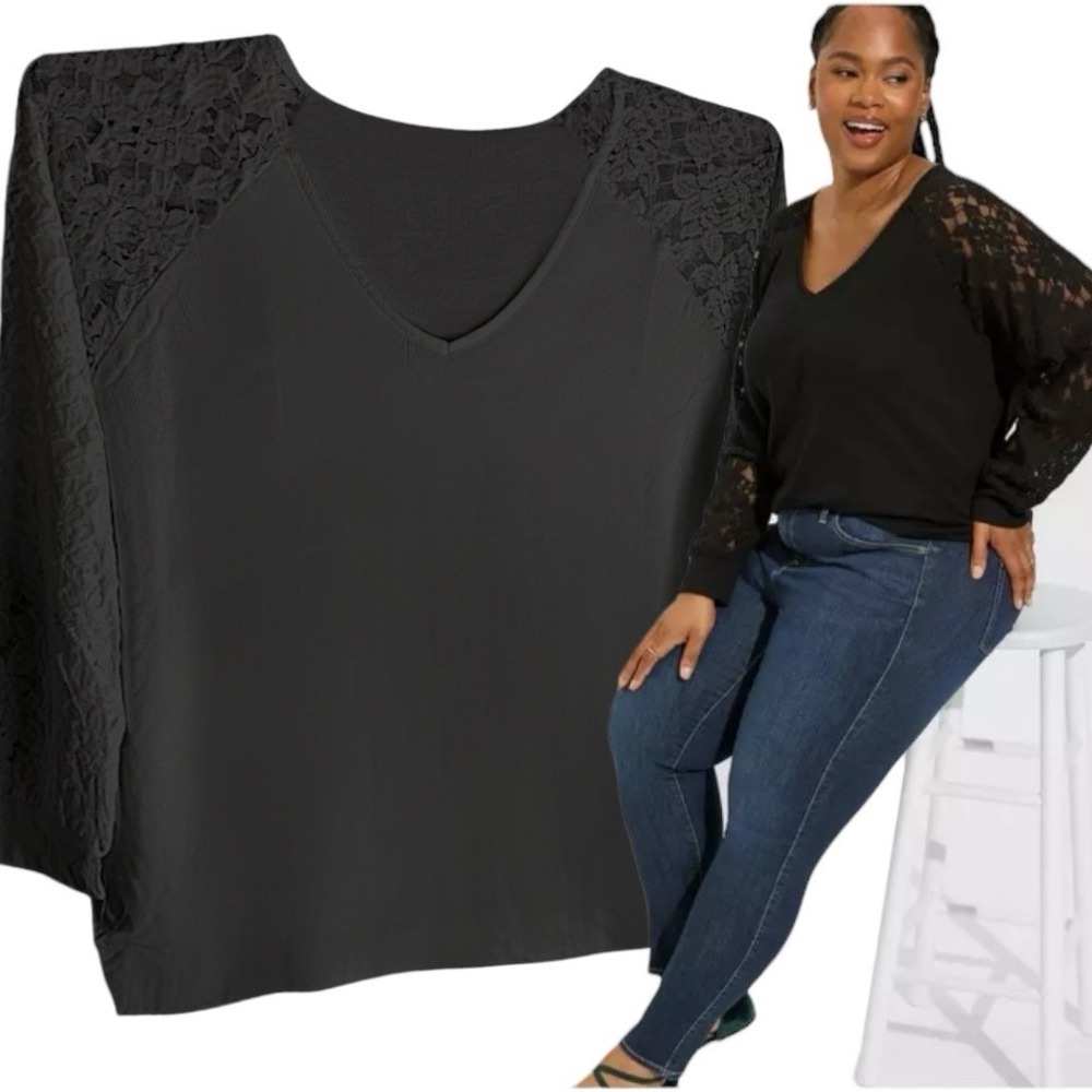 TORRID Cotton Modal Rib V-Neck Lace Long Sleeve‎ Top NWT Size 2X
